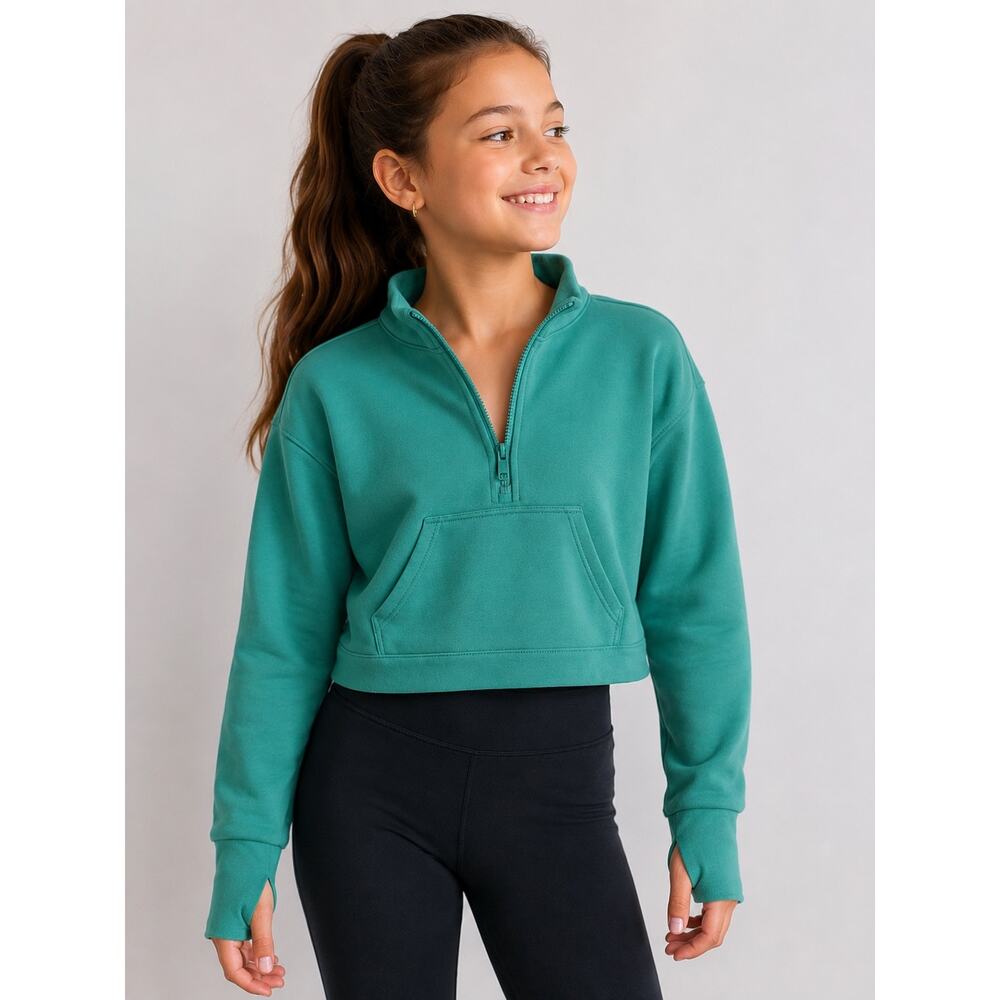 All In Motion Girls Teal Half Zip Cropped Sweatshirt Thumbhole L 10/12